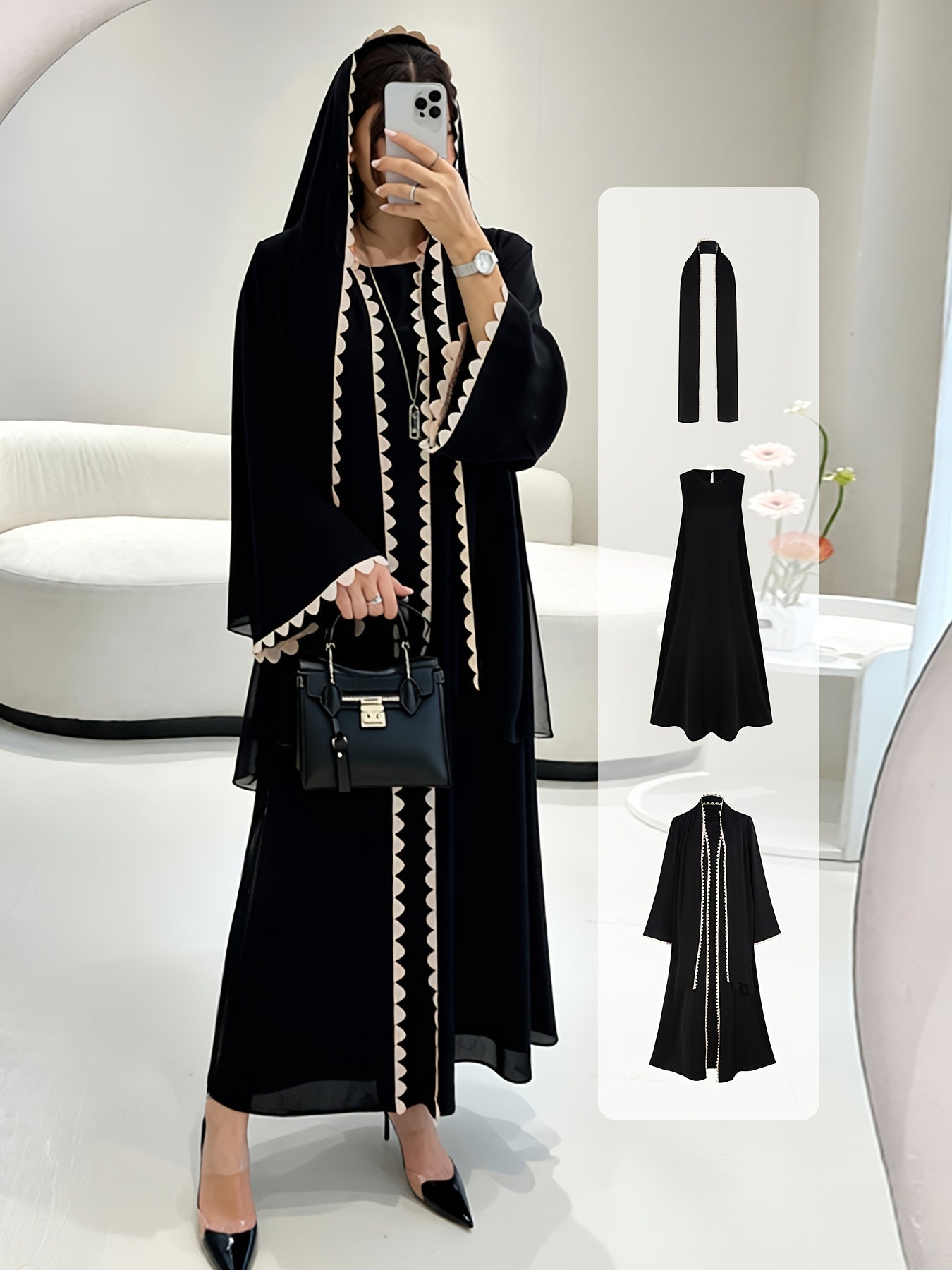 Ensemble 3 pièces pour femme abaya, style musulman traditionnel du Moyen-Orient multifonctionnel pour la prière du Ramadan