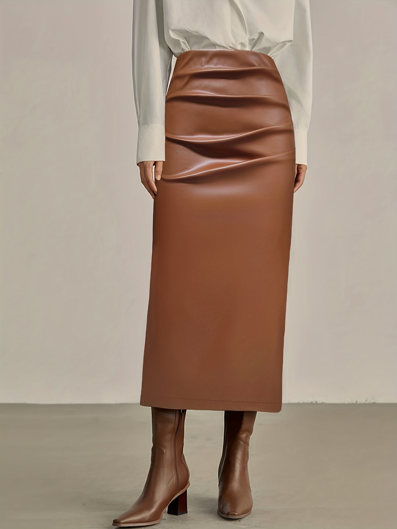 Jupe plissée élégante en PU marron pour femme