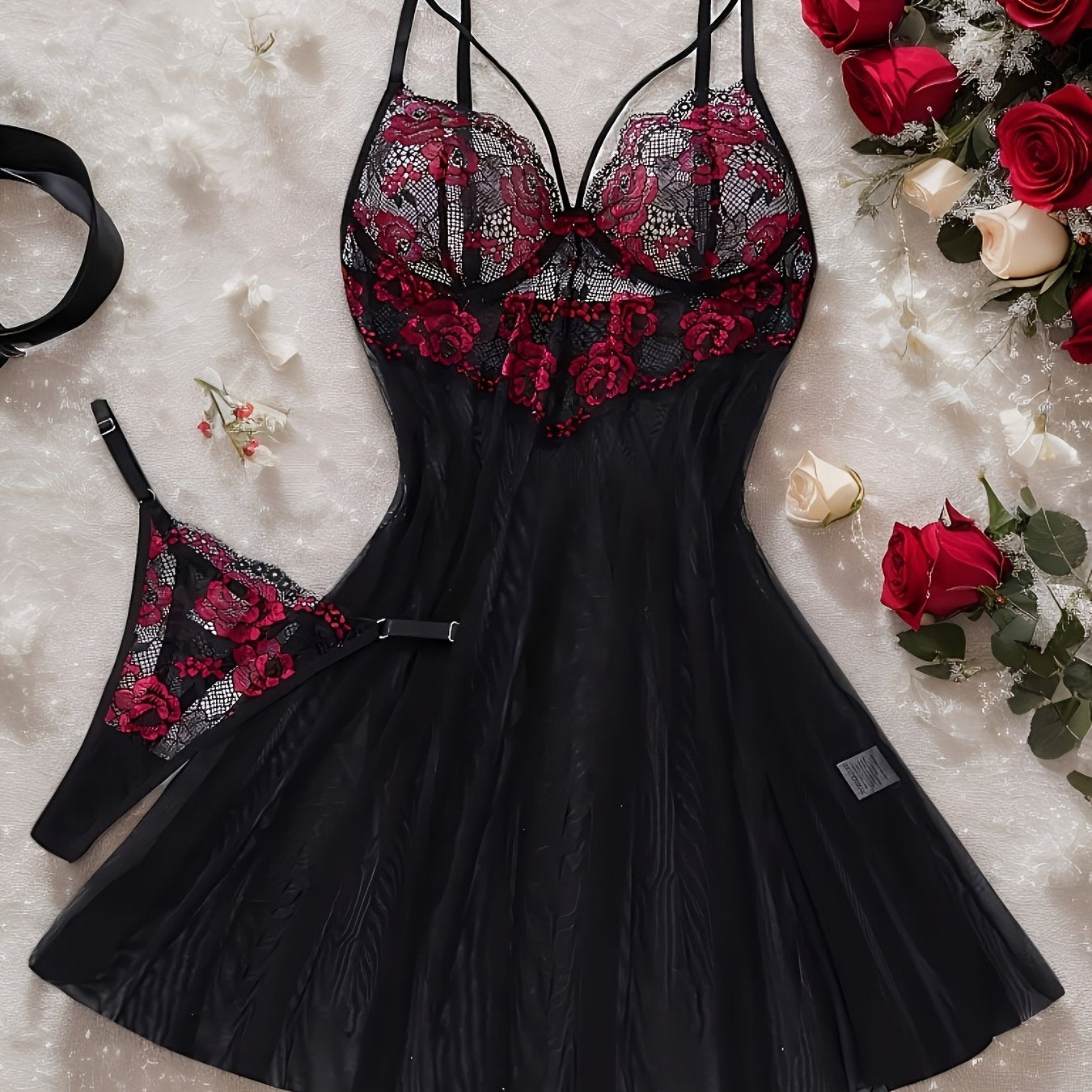 Nuisette sexy en dentelle rouge et noire contrastée pour femme