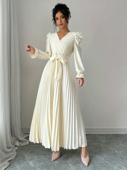 Robe Longue Élégante Femme – Manches Bouffantes & Ceinture (Style A-line)