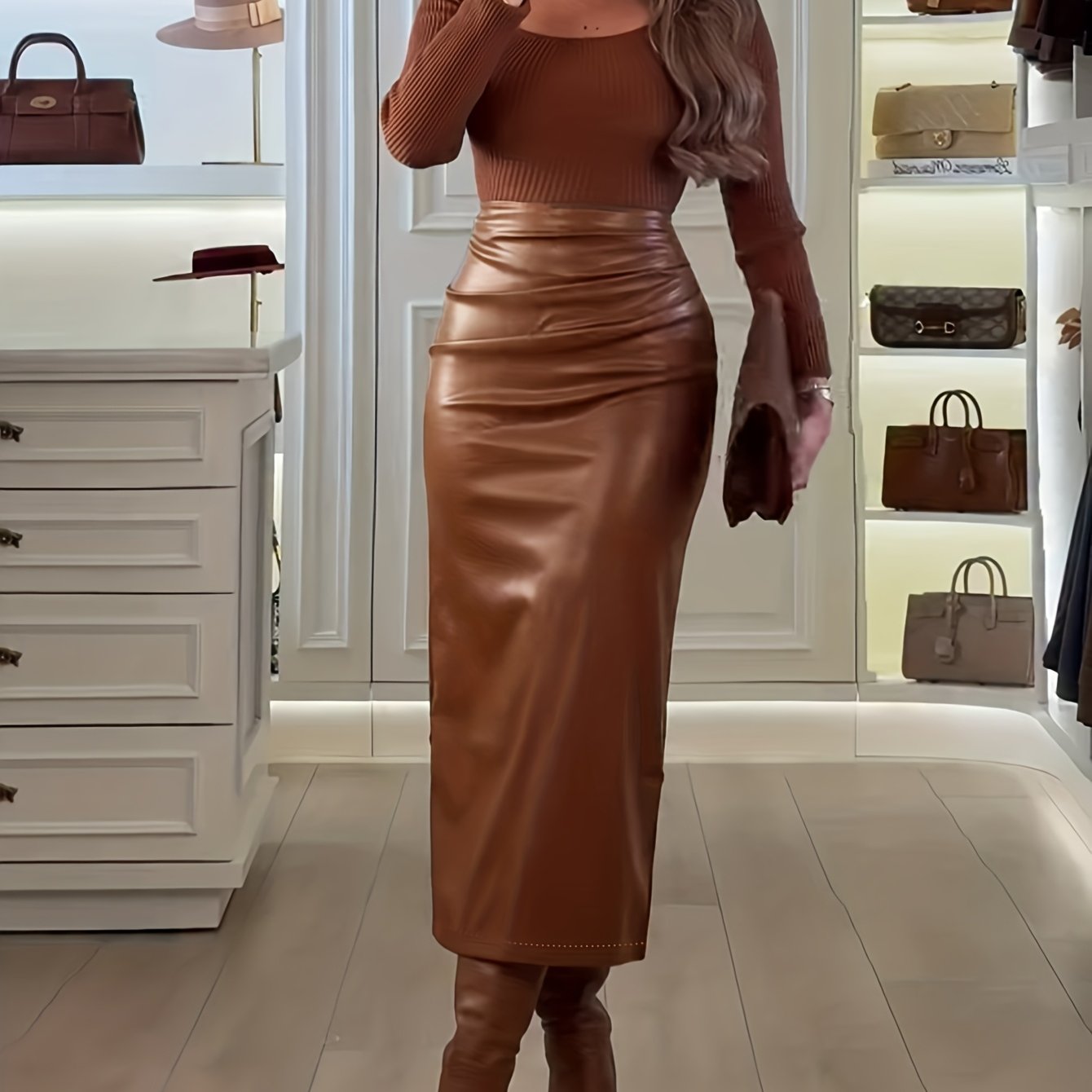 Jupe plissée élégante en PU marron pour femme