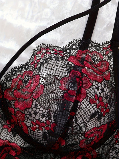Nuisette sexy en dentelle rouge et noire contrastée pour femme