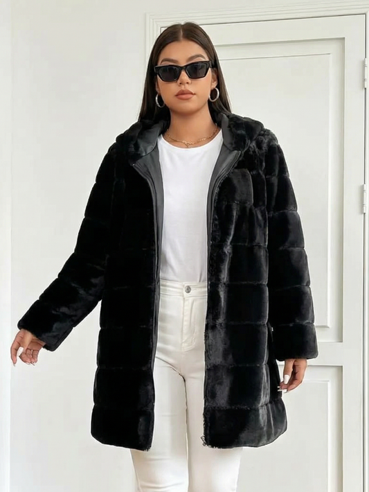Manteau Fausse Fourrure Luxe à Capuche – Noir Intemporel