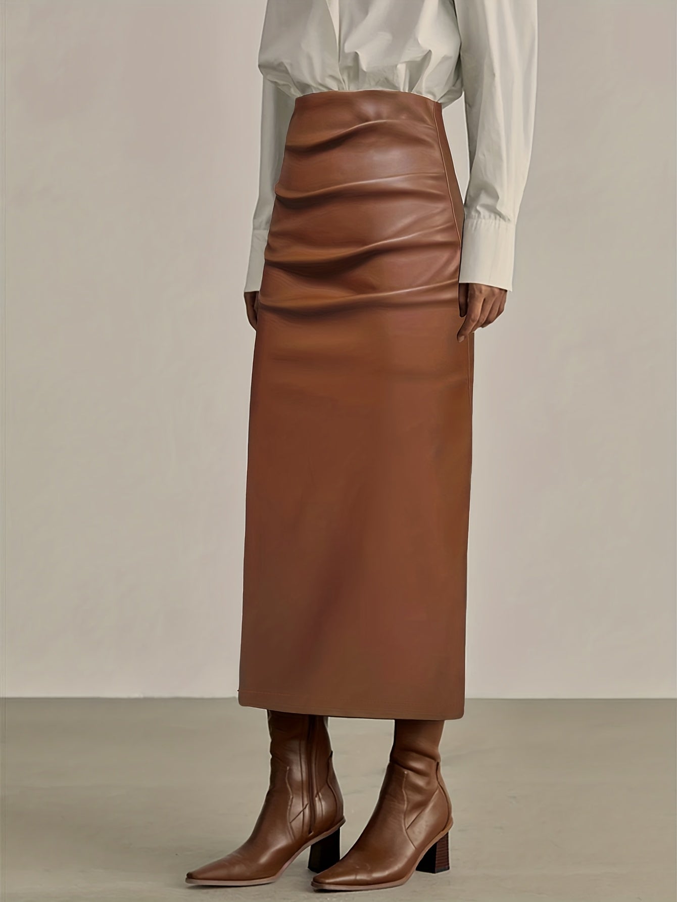 Jupe plissée élégante en PU marron pour femme
